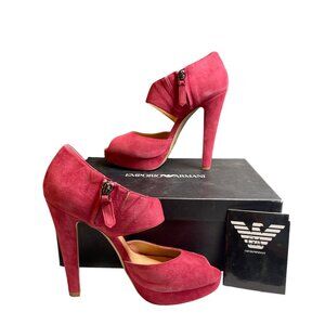 Authentic Emporio Armani Women's Dark Pink Suede Peep Toe High Heel Sz 38